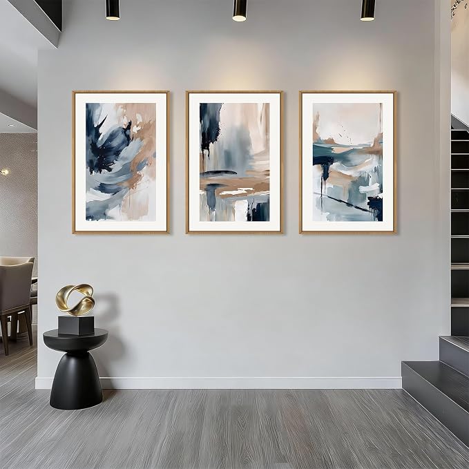 Abstract Navy Blue Framed Canvas Wall Art Set,Neutral Brush Stroke Wall Decor,Watercolor Pastel Brown Artwork,Modern Minimalist Color Block Art Print for Living Room,Bedroom,Office-24 x36 x3