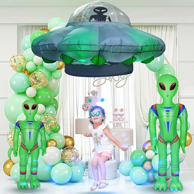 Alien Party Decorations 4.2FT Hanging Alien UFO Cow Abduction Inflatable with Cow&2pcs Jumbo Alien Halloween Inflatable UFO Built-in Green LED Blue&White Flashing Light Blow Up Yard Home Garden Decor