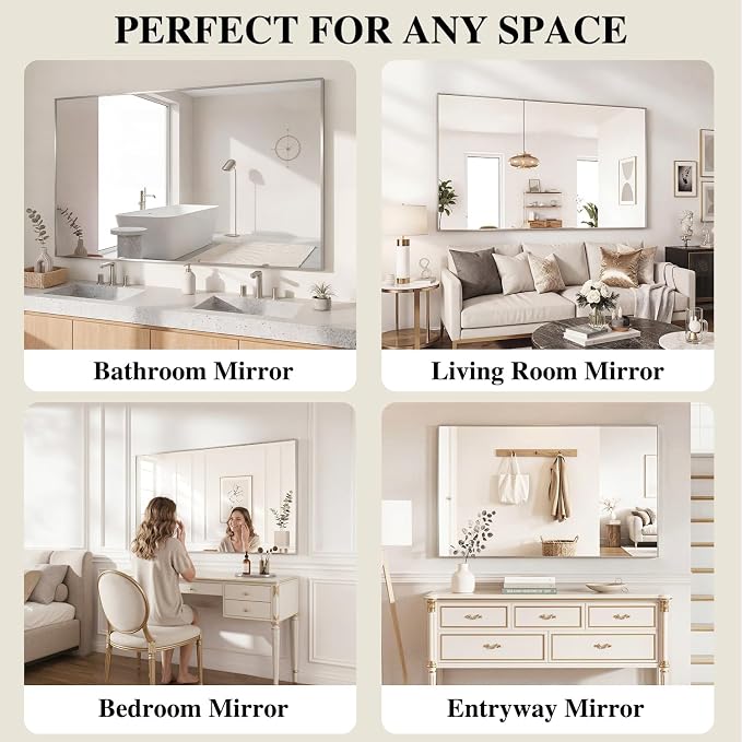 Koonmi Silver Rectangle Wall Mirror, 30x60 Inch Bathroom Mirror, Aluminum Frame Vanity Mirror for Entryway, Living Room, Bedroom Bathroom, Hangs Horizontally or Vertically
