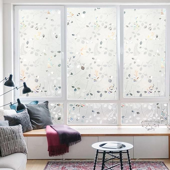 LEMON CLOUD Frosted Window Privacy Film Stained Static Cling Glass Film Decorative Colorful Glass Window Sticker, Non-Adhesive Sun Blocking Tint for Home Sliding Door, Mimosa-Patterned, 17.5" x 78.7"