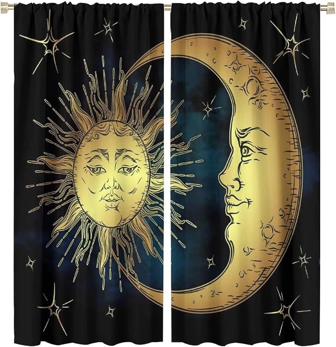 Sun Moon Blackout Windows Curtains, Boho Chic Art Golden Sun Moon and Stars Over Blue Black Sky Antique Style Curtains, for Living Room Bedroom 63x72in 2 Panels