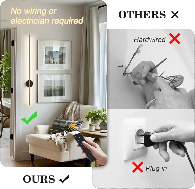 Battery Operated Modern Wall Sconce Set of Two,Rechargeable Wireless Wall Lights with Remote Control,Dimmable,3 CCT,Cordless Lighting Fixtures for Bedroom,Living Room,Hallway,39.3 Inch,Black Gold
