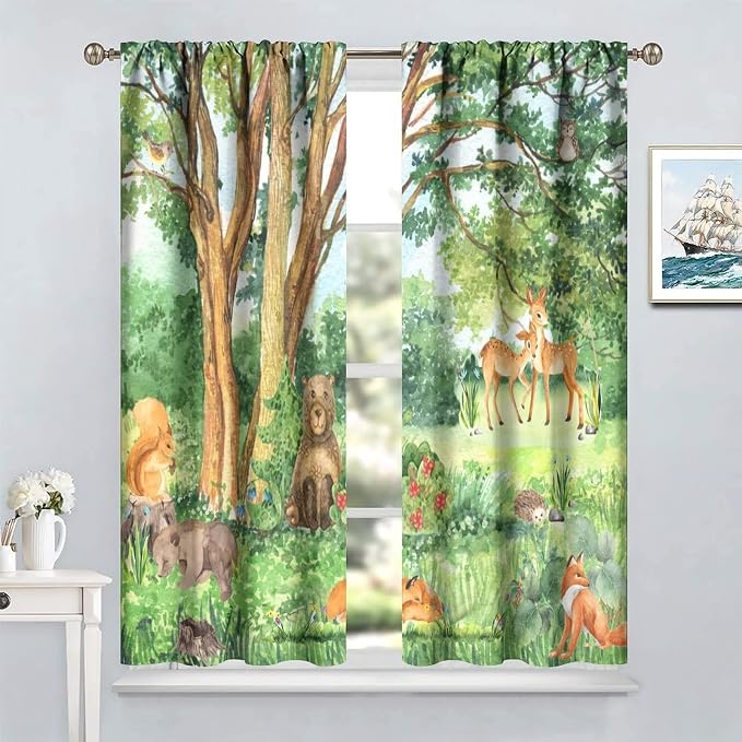 YCness Forest Animal Curtains, Watercolor Wild Animal Bear Fox Deer Kids Window Treatments for Living Room Bedroom,Green Woodland Tree Kids Drapes 2 Panel Sets,63x63 Inch