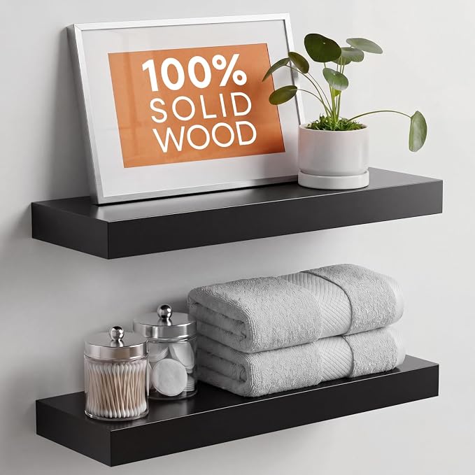 Homeforia Black Floating Shelf 20 inch, High End Solid Real Wood 20inch Bathroom Floating Shelves for Wall Mounted, Black Wooden 20in Floating Shelves, Heavy Duty Bracket, 20 X 6.5 X 1.75 in, Set of 2