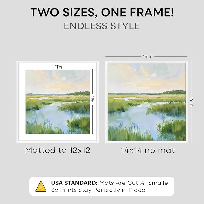 Homeforia 14x14 Picture Frame White, High End Metal 14 x 14 Square Poster Frames with Mat 12 x 12 Photo, 14x14 White Frame Matted to 12x12 Print, 14by14 Thin Frames, Tempered Glass, Wall Kit, Set of 2