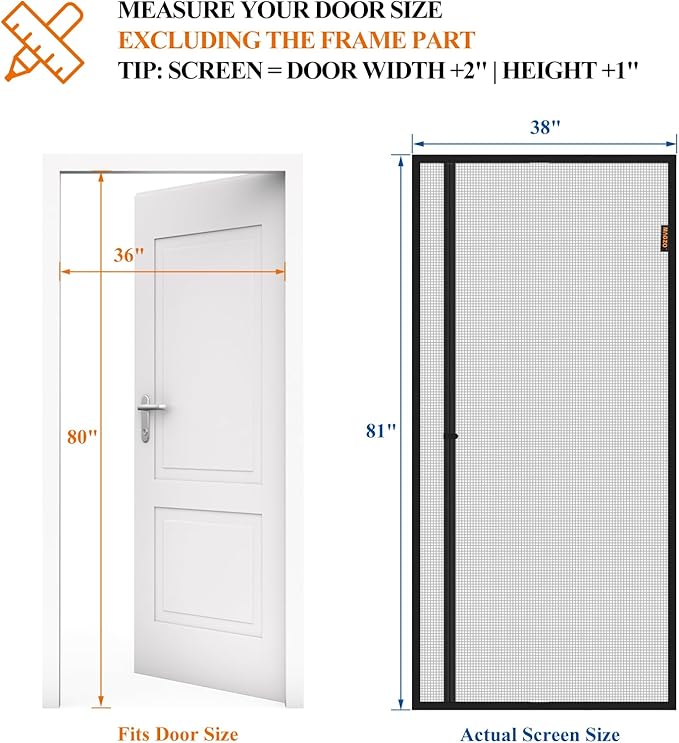 MAGZO Magnetic Screen Door, Fits 36'' x 80'' Door(Mesh Size 38'' x 81''), Left Right Side Opening, Scratch-Proof Polyester, Pet Friendly, Easy Install, Self Sealing, Keep Annoying Creatures Out, Grey