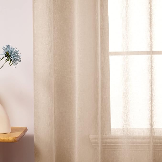 MIULEE 2 Panel Beige Semi Sheer Window Curtains - Elegant Grommet Top Voile Panels/Drapes/Treatment Linen Textured Panels for Bedroom Living Room (54X72 Inches)