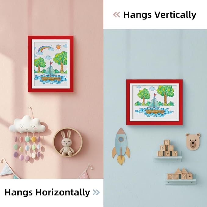 Kids Art Frames 8.5x11 Set of 2 - Front Opening Childrens Picture Frame Changeable, Wood Artwork Display Storage for Wall Mount, Magnetic Door Holds 50 Art Pieces for Drawings, 3D Picture, Crafts, Portfolio, Red
