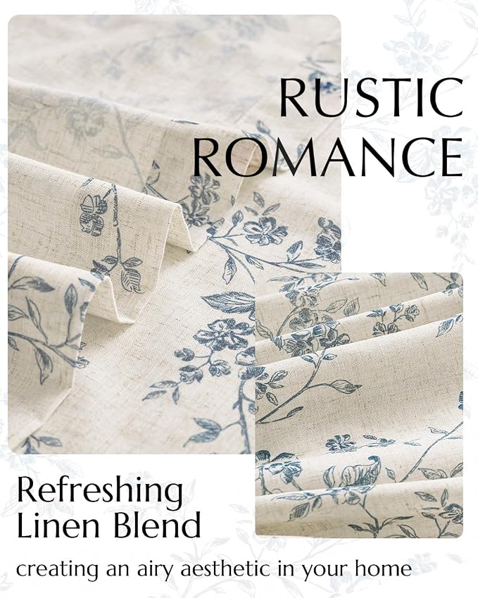 jinchan Blue Floral Linen Curtains 84 Inch French Country Back Tab 2 Panels | Flower patterned drapes, farmhouse, printed, light filtering, bedroom, living room, kitchen, window treatment, rod pocket