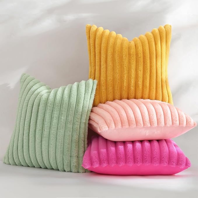 decorUhome Fall Cozy Faux Fur Throw Pillow Covers 12x20 Set of 2 Decorative Plush Striped Lumbar Modern Farmhouse Boho Couch Pillow Cases with Velvet Back for Sofa Bed Living Room, Mustard Yellow