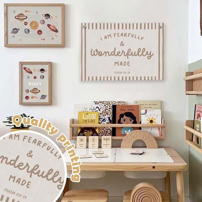 RTXLEZM Christian Nursery Decor, I Am Fearfully and Wonderfully Made Christian Canvas Banner Wall Hanging, Retro Religious Wall Art Prints for Kids Room Bedroom Playroom Classroom Decor, 20x30 Inch
