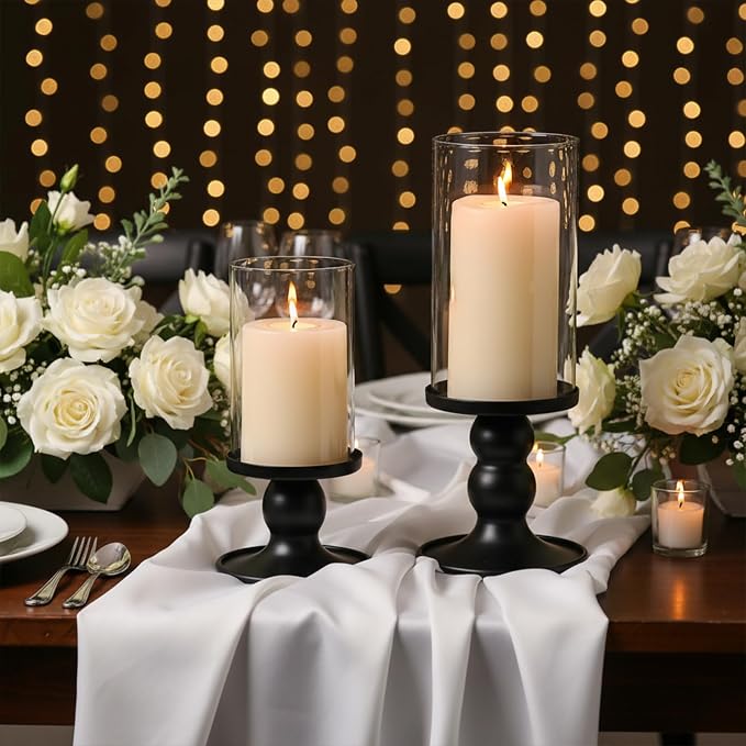 NITIME 2Pcs Hurricane Candle Holder for Pillar Candles, Black Candle Holders with Clear Glass Sleeve for Table Centerpieces,Pillar Candle Holders for Home Decor, Wedding, Holiday and Party Decor