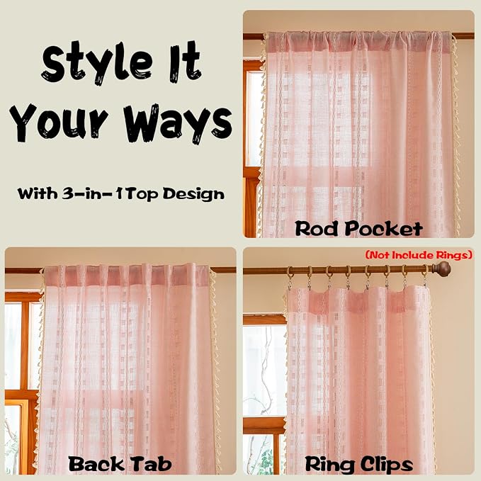 Pink Boho Sheer Curtains 72 inches Long 2 Panels for Bedroom, Light filtering Semi Sheer Bohemian French Country Privacy Tassels Vintage Chic Embroidery Stripes Window Decor Curtains Back Tab, 50" W