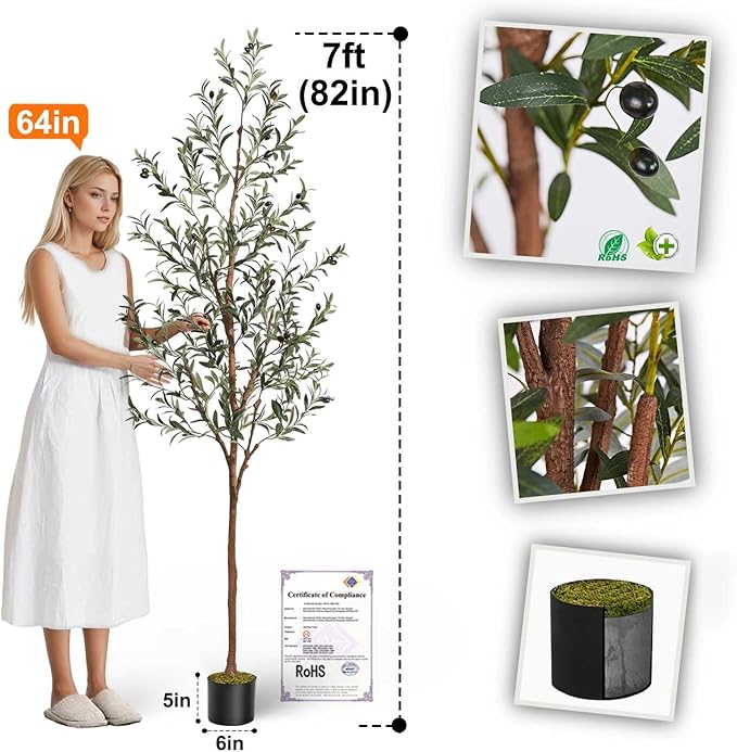 Aveyas 7ft Artificial Olive Tree for Home Decor, 7 Feet Large Faux Plant Fake Skinny Silk Trees with Black Olivo for Indoor Outdoor House Living Room Office (7 ft Tall)