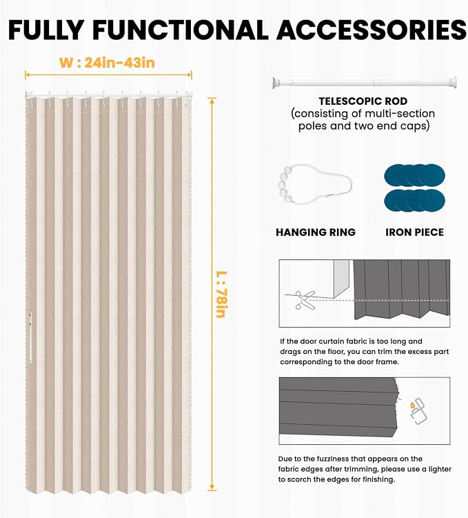 AJAZZ Set: Curtain Rods No Drilling (28-39" W) & Accordion Door Curtain, Beige 42W×78" L, Accordion Doors for Closet Doorway Room Divider