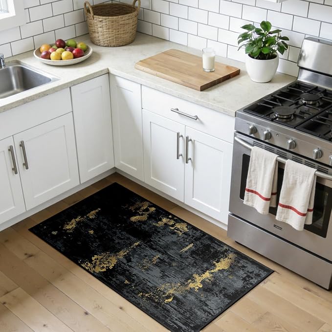 RELEANY Washable Area Rugs 2'x4' Non-Slip Modern Abstract Soft for Living Room Entryway Bedroom Kitchen, Print Pattern, Dark Black Gold