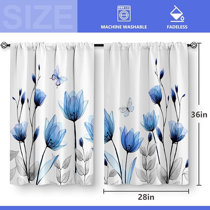 Aimego Floral Vintage Flower Kitchen Curtains - Rustic Blue Tulip Farmhouse Short Cafe Tier Curtains Decor for Woman Botanical Butterfly Rod Pocket Window Drapes 36 Inch Length 2 Panels Set 28" x 36"