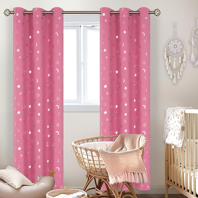 BGment Pink Curtains for Girls Bedroom 84 Inch Length, Star and Moon Blackout Curtains for Kids Babys Bedroom, Room Darkening Thermal Insulated Window Grommet Curtains for Nursery, 42 Wide, 2 Panels