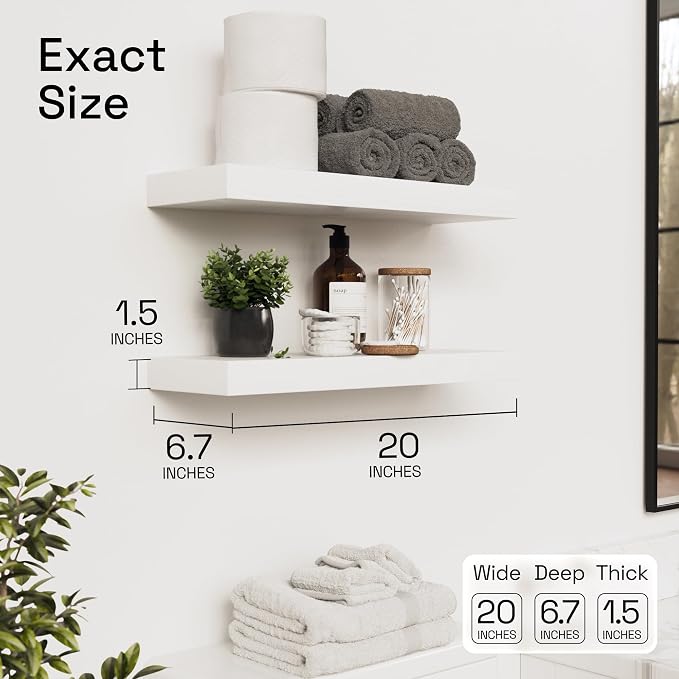 Solid Wood Floating Shelves for Wall 20 Inch White, Wooden Bathroom Shelf | Real Wood, Wall Mounted, Heavy-Duty, Bedroom Kitchen Living Room, Rustic, White Finish, 20W x 6.7D, Set of 2