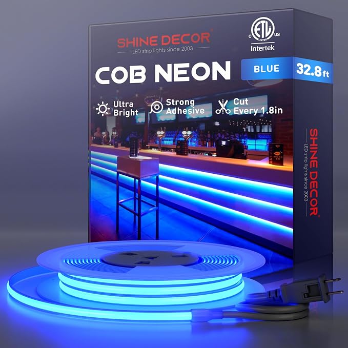 Shine Decor COB LED Rope Light AC 120V, 800lm Ultra Bright, IP65 Waterproof Cold-Resistant ETL Neon Strip, No Driver Tape Lighting for Home Commercial 10x4.5mm, Blue, 32.8ft
