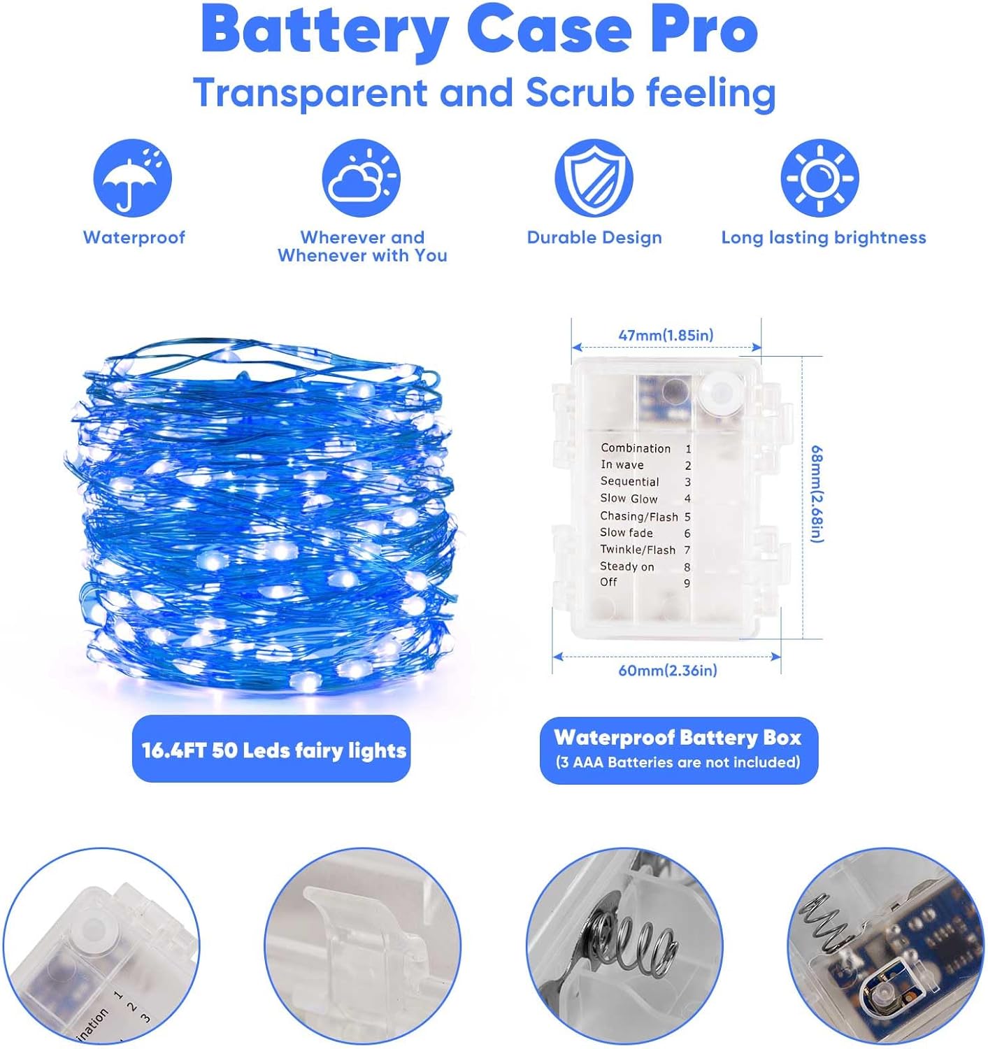 4 Pack 16.4 Ft. Battery Operated Outdoor String Lights with Remote & Timer, LED Blue Fairy Lights, Waterproof Twinkle Lights for Bedroom, Dorm, Mason Jar, Wedding, Party, Christmas