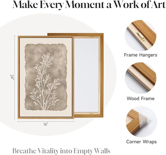 3 Piece Framed Neutral Botanical Wall Art Set, Large Farmhouse Floral Canvas Prints Paintings, Minimalist Wildflower Plant Artwork Decor for Living Room Bedroom Dining Room 16x24 Inch