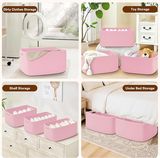 4 Pack Large Storage Basket for Organizing, 17.5"x13"x7" Woven Basket for Shelves, Closet Cube Storage Bins with Wrapped Handle, Cotton Rope Baskets for Kitchen, Clothes, Toys(Light Pink)