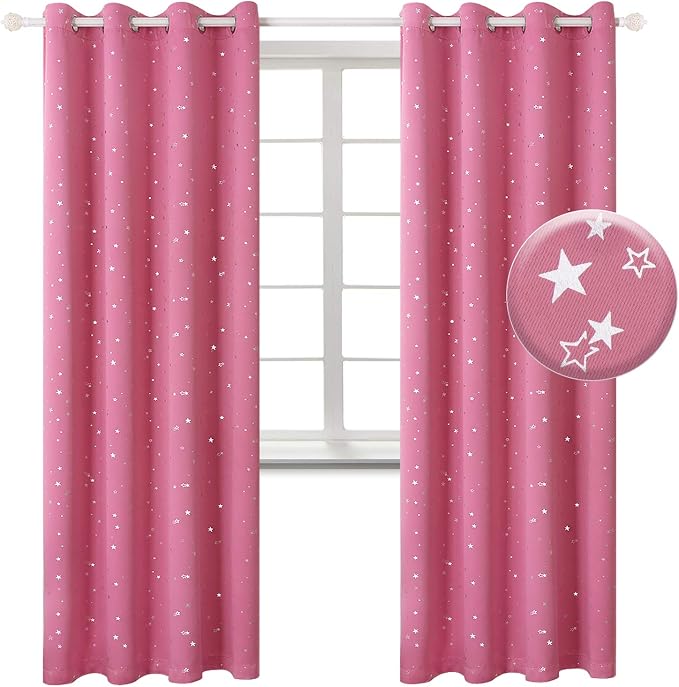 BGment Pink Star Blackout Curtains for Kid's Bedroom - Grommet Thermal Insulated Room Darkening Printed Curtains for Living Room, Set of 2 Panels, 55 x 84 Inch