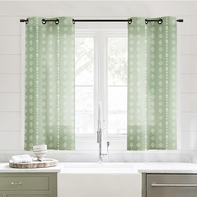 Bathroom Window Curtain,Short Sheer Linen Boho Floral Sage Green Kitchen Curtains 45 Inch Length