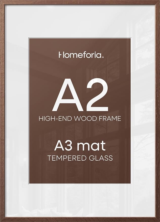 Homeforia A2 Picture Frame Brown, High End Dark Oak 16.5 x 23.4 Wooden Poster Frame Matted to 11.7 x 16.5 Photo, A2 Walnut Wood Frame with Mat A3, 16.5 x 23.5 Frame, Tempered Glass, Wall Kit, Set of 1