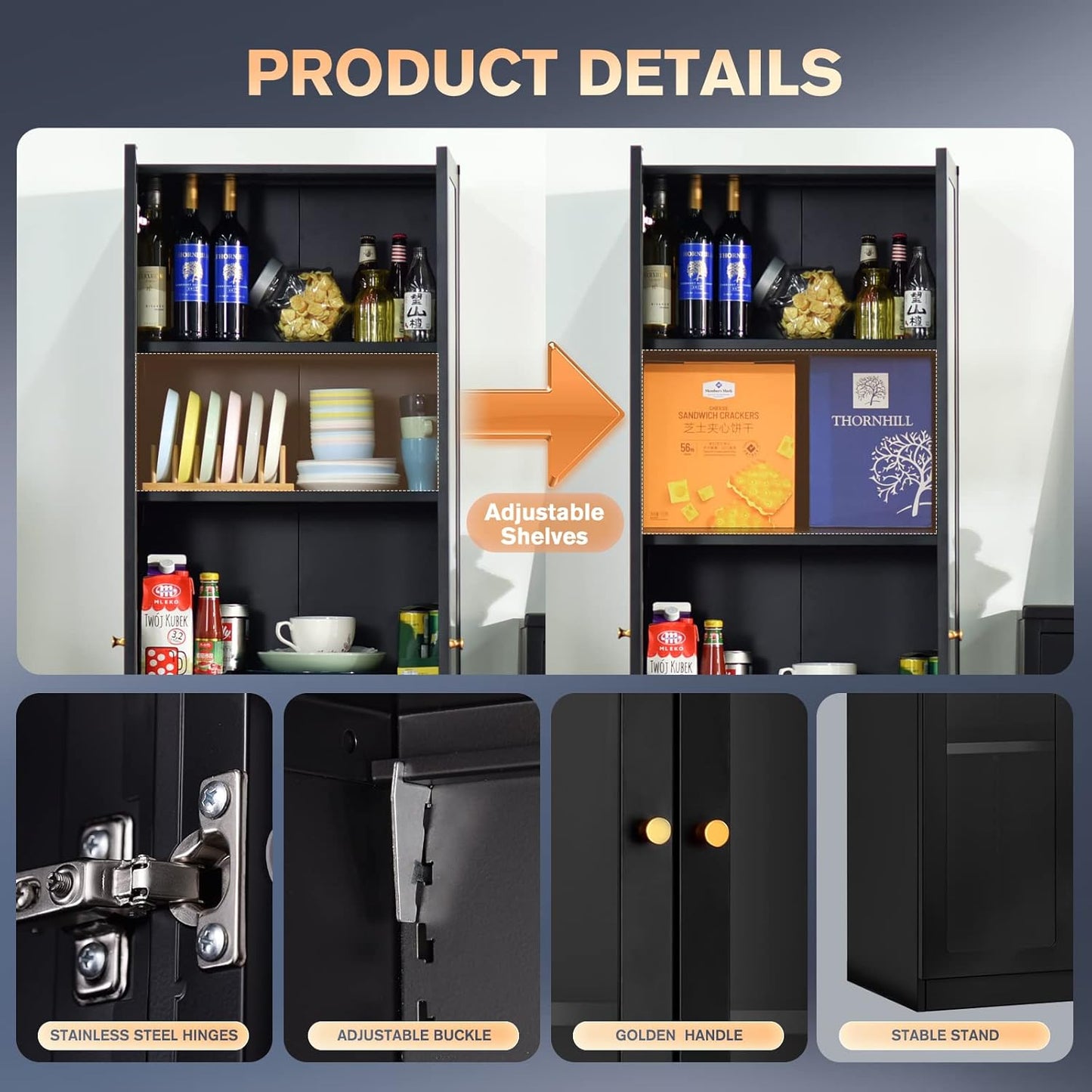 5 Tier Metal Curio Cabinets, 71" Tall Modern Bookshelf Cabinet with 4 Adjustable Shelves, Cabinet Display Case for Home Office, Living Room, Pantry, Assemble Required, Black