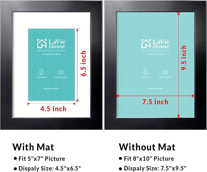LaVie Home 8x10 Picture Frame, 8 x 10 Frame Display Pictures 5x7 with Mat or 8x10 Without Mat, Stable and Sturdy Black Frame and Polished Plexiglass, Horizontal and Vertical Format of The Walls, 1 Pc