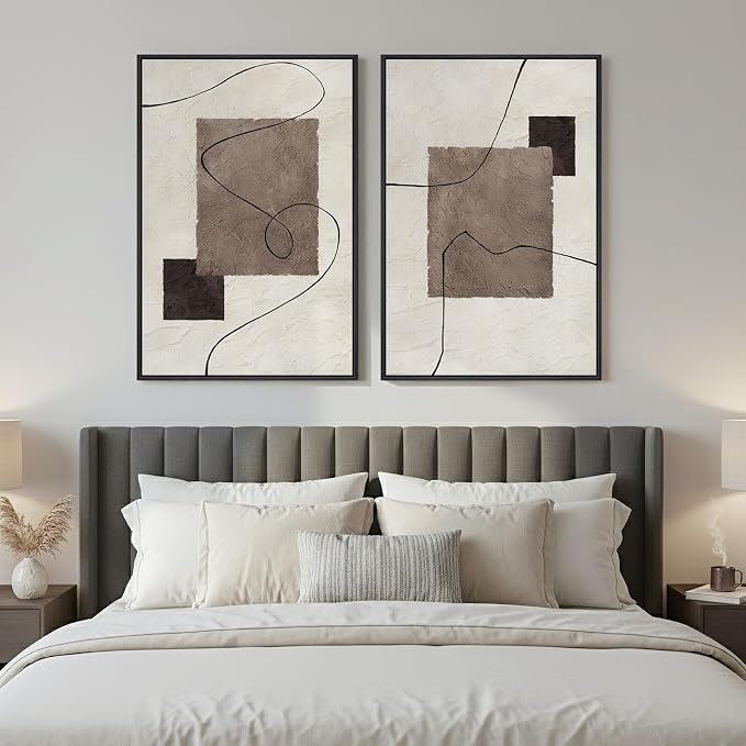Framed Neutral Abstract Wall Art for Living Room, Set of 2 Geometric Line Beige Brown Canvas Artwork for Walls, Large Minimalist Modern Painting Print for Hallway Bedroom Office Wall Decor, 24x36 Inch