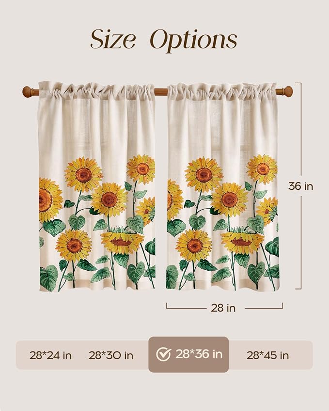 Miss Adola Sunflower Kitchen Tier Curtains - 36 Inch Length Linen Blend Farmhouse Cafe Curtains Floral Small Window Treatments Over Sink Rod Pocket for Bathroom Living Room Light Filtering, 2 Panels