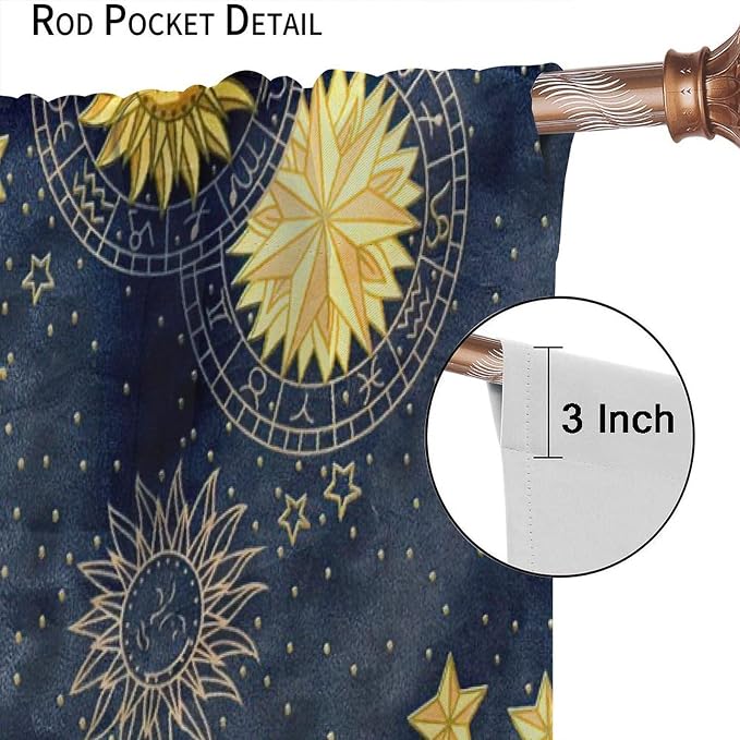Boho Sun Moon Blackout Window Curtains, Bohemian Golden Sun Moon Stars Print Rod Pocket Window Drapes, for Living Room Bedroom 55x63in 2 Panels