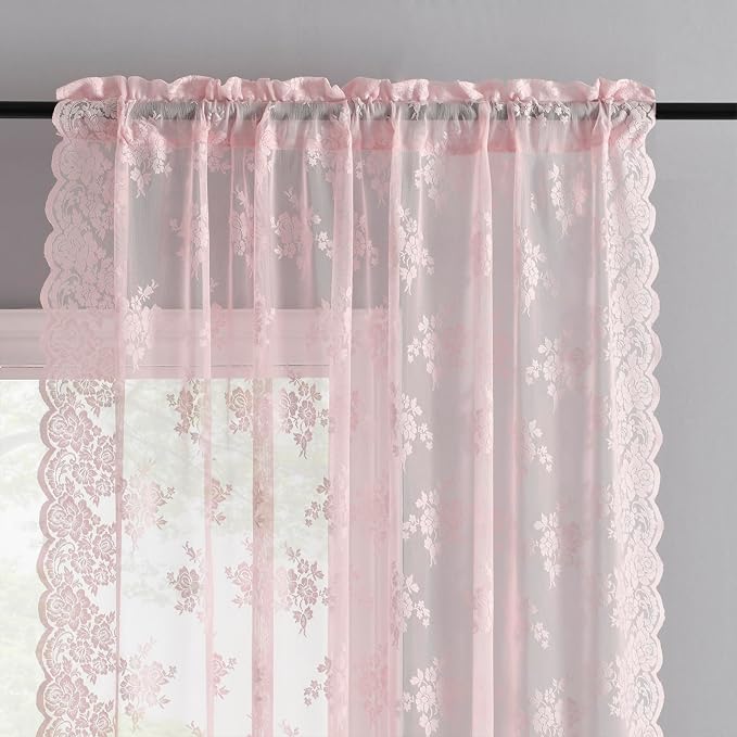 Kotile Pink Lace Curtains 63 Inch Length, 2 Panles, W42 x L63 Inch Each, Cottagecore Floral Pink Sheer Curtains for Girls Bedroom, Rod Pocket Privacy Light Filtering Vintage Lacy Curtain for Windows