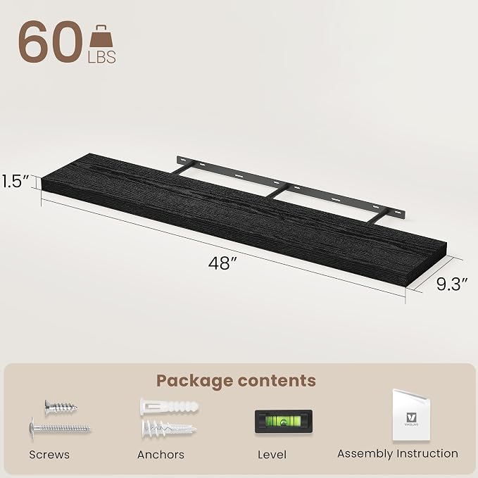Vivelove 48 Inch Floating Shelves, Deep Wall Shelves with Invisible Brackets, Display Shlf for Bathroom Living Room Kitchen Bedroom Office Farmhouse Home Decor, 48" X 9.3" X 1.5" - Set of 1, Black