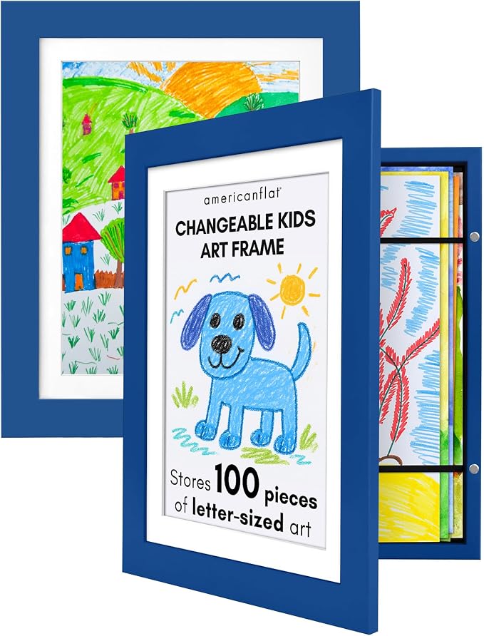 Americanflat - 2 Pack - Kids Artwork Frame Changeable (Blue) - Magnetic Door Holds 100 Art Pieces - 8.5x11 Letter Size Display with Mat or 10x12.5 Without Mat - My Mini Masterpiece