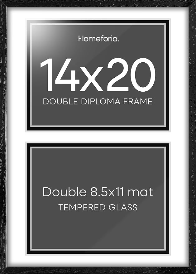 Homeforia 14x20 Double Diploma Frame, High End Oak 14 x 20 Black Wood Certificate Frames with Mat for Two 8.5x11 Diplomas, 20x14 Wooden Dual Award Graduation Frames, Tempered Glass, Wall Kit, Set of 2