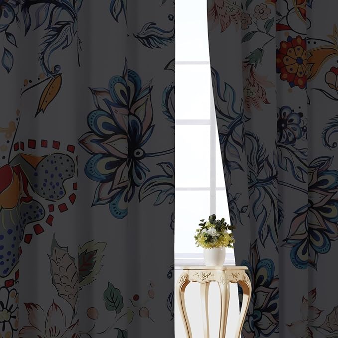Estelar Textiler Boho Floral Blackout Curtain,Blue White Watercolor Vintage Painting Flower Curtains 2 Panels Set for Living Room Decoration,Thermal Insulated Room Darkening Farmhouse Drapes,52x63