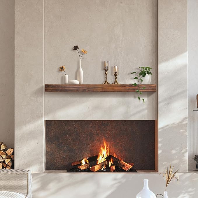 AZSKY Deep Walnut Fireplace Mantel Shelf Wall Mounted, Handcrafted 60 Inch Floating Mantel Shelf for Over Fireplace, Long Hollow Solid Wood Shelf with Invisible Bracket for Living Room Under TV Decor