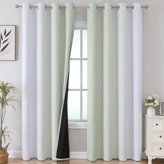 Estelar Textiler Sage and Grayish White Blackout Curtains 108 Inches Long, Thermal Insulated Drapes for Bedroom, Full Light Blocking Energy Saving Long Curtains for Living Room, 52Wx108L, 2 Panels
