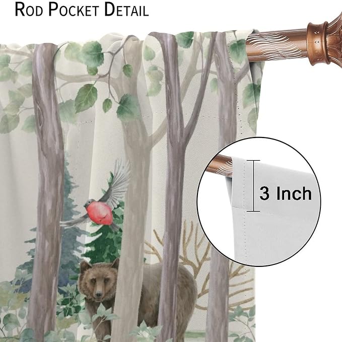 Forest Animal Kids Curtains, Wild Rustic Bear Fox Deer Children Cartoon Window Treatments for Living Room, Watercolor Blackout Drapes 2 Panel Sets,72x63 Inch