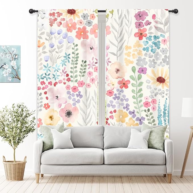 Riyidecor Colorful Floral Curtains Pink Cute Boho Wildflower Trendy Watercolor Plant Leaves Botanical Rod Pocket Pretty Aesthetic for Girls Bedroom Living Room Treatment Fabric 2 Panels 42Wx63H Inch