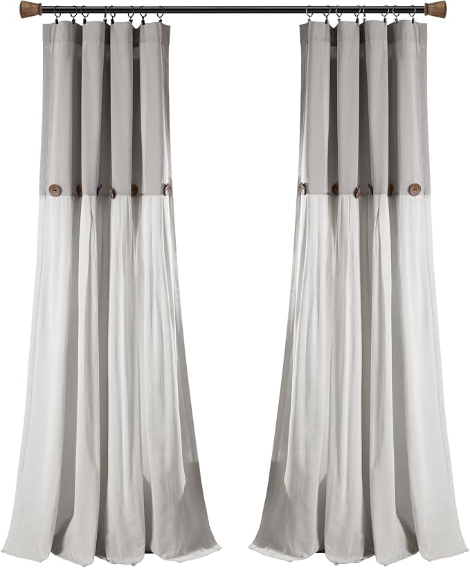 Lush Decor Linen Button Window Curtain Panel, Single, 40" W x 95" L, Gray & Off White- Country Curtains - Rustic Decor - Color Block - Modern Farmhouse Curtains