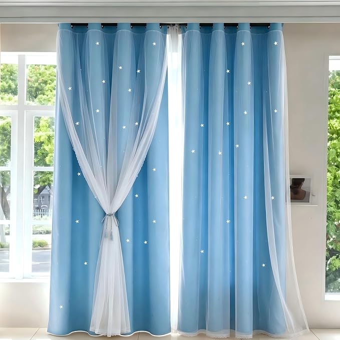 Star Cutout Blackout Curtains Double Layer Curtains with Durable Sheer Curtains for Bedroom Thermal Insulated Window Treatment Set with 2 Free Tiebacks (52Wx72L 2 Panels Sky Blue)