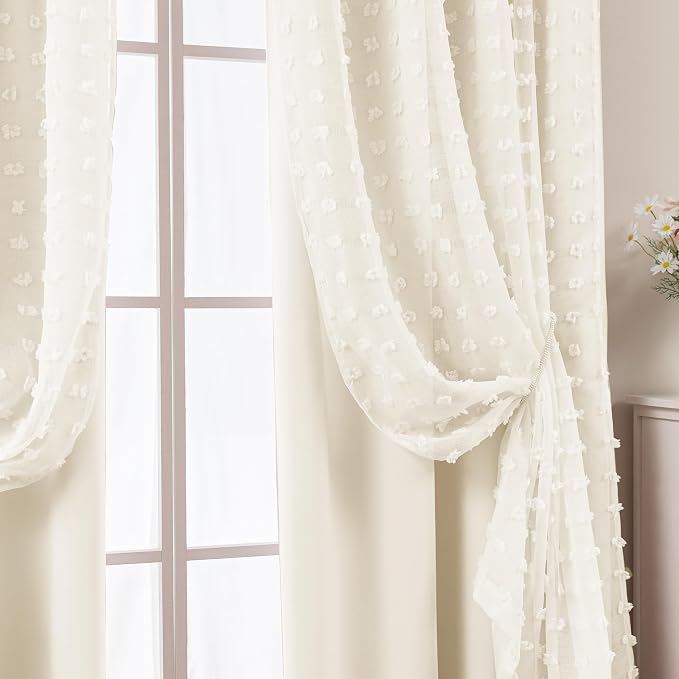 Lino Rosa Back Tab Pom Pom Cream Curtains for Girls Room Bedroom Nursery Short Blackout Curtains Double Layer 63 Inch Length
