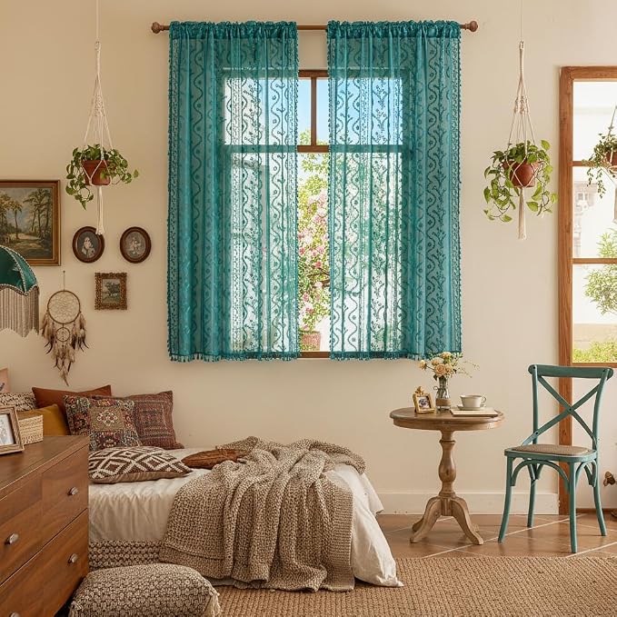 WAZZIO Boho Lace Curtains 2 Panels 63 Inch -Victorian Sheer Panel Drape French Country Floral Pattern & Tassel Light Filtering Privacy for Bedroom Dining Living Room,Coastal Decor,Teal,W52x L63