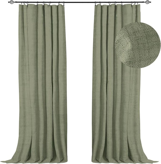 100% Blackout Shield Full Blackout Curtains for Bedroom 63 inch Length 2 Panels Set, Clip Rings/Rod Pocket Faux Linen Black Out Curtains for Living Room, Thermal Insulated, 50Wx63L, Light Sage