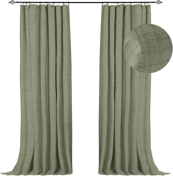 100% Blackout Shield Full Blackout Curtains for Bedroom 120 inch Length 2 Panels Set, Clip Rings/Rod Pocket Faux Linen Black Out Curtains for Living Room, Thermal Insulated, 50Wx120L, Light Sage